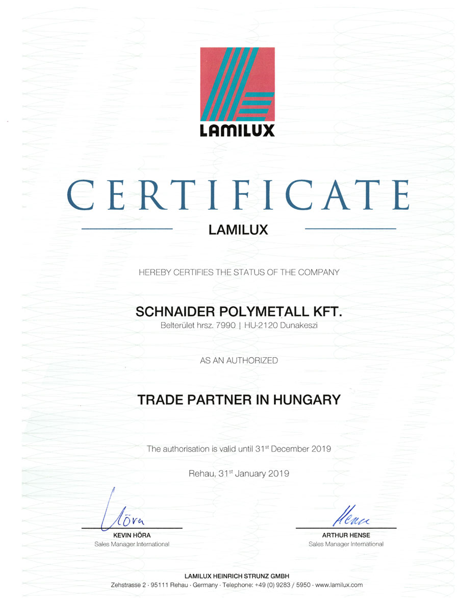 Lamilux hivatalos forgalmazó tanusítvány